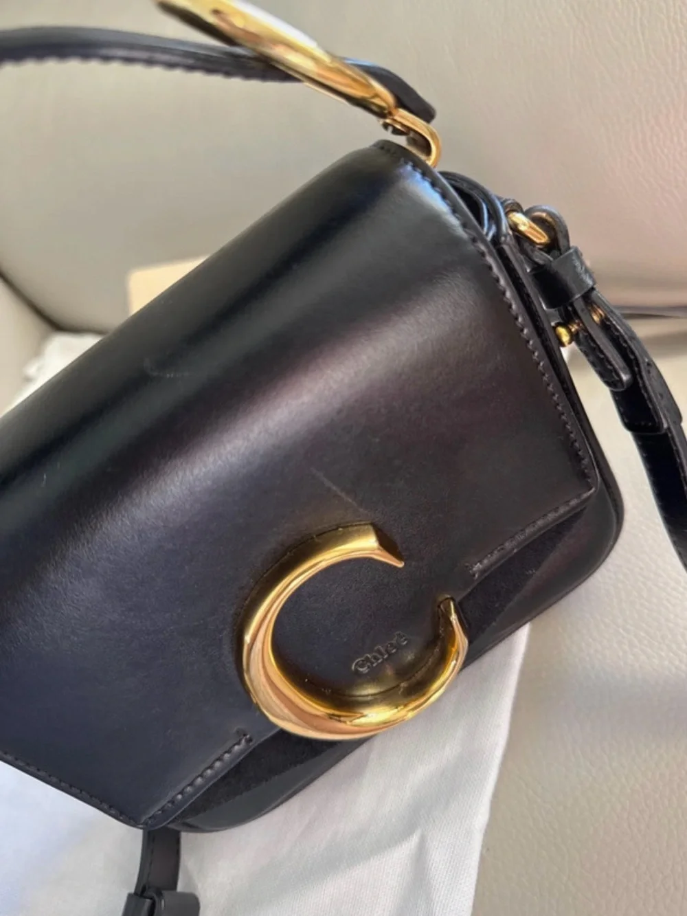 Chloé Black C Small Leather Crossbody with Gold Hardware